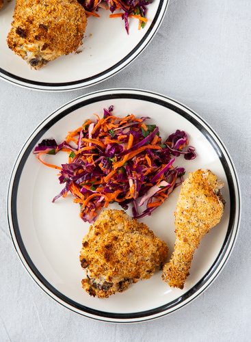 Plate with oven fried chicken.