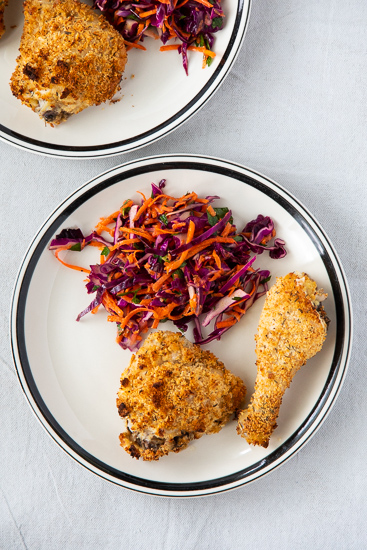Plate with oven fried chicken.