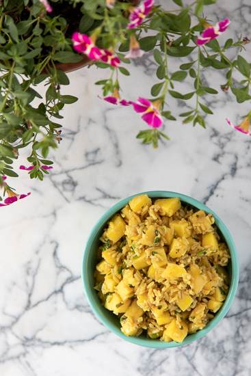 Top down photo of curried mango rice.