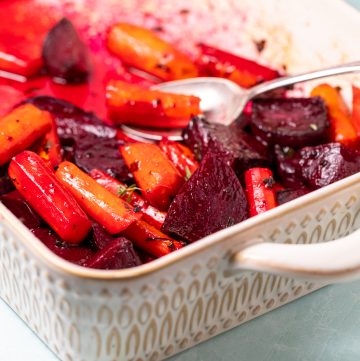 Casserole with roasted beets and carrots.