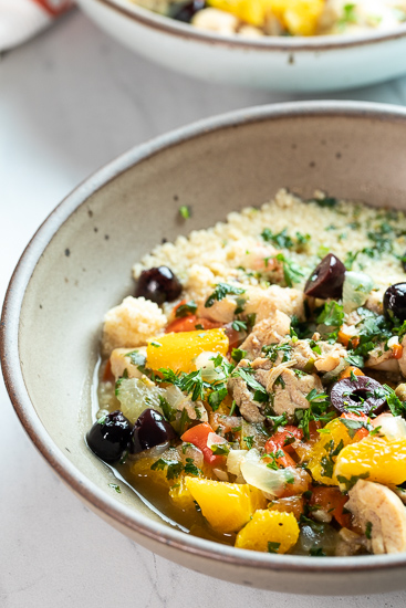 Bowl of citrus chicken tagine.