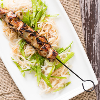 Lemongrass Pork Skewers with Pea and Rice Noodle Salad