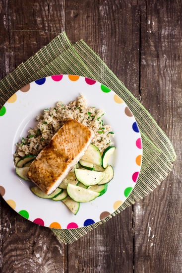 Honey glazed salmon with zucchini and bulgur pilaf