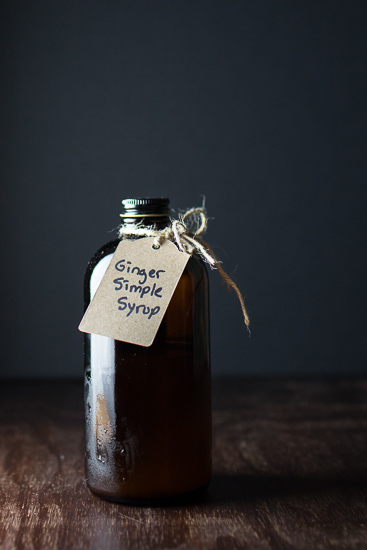Brown bottle with tag reading ginger simple syrup