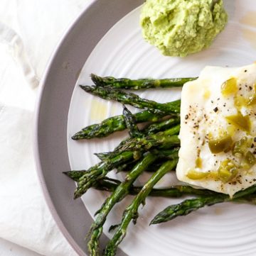 Roasted Cod with Asparagus and Jalapeno Dressing