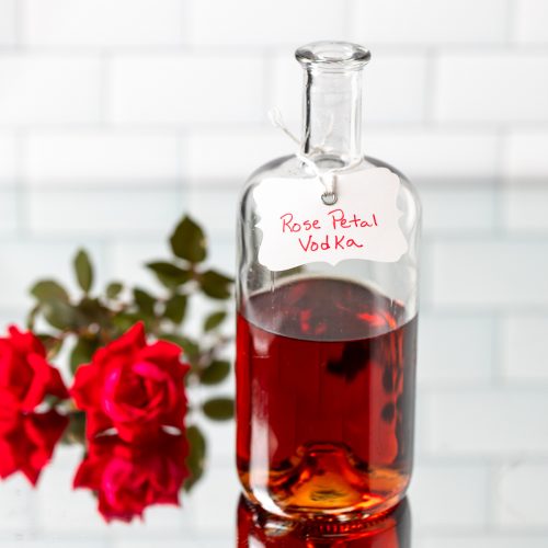 Bottle of rose petal vodka.