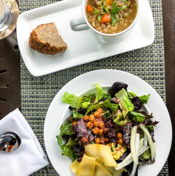 Overhead shot of farmer's salad and soup of the day.