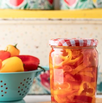 Jar of quick pickled peppers
