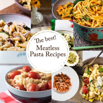 Collage of meatless pasta photos.