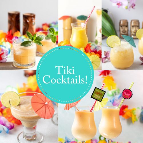 Collage of tiki cocktails.