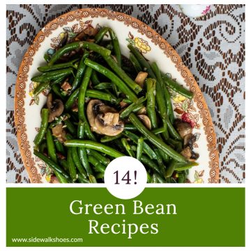 Green beans on a platter with text.