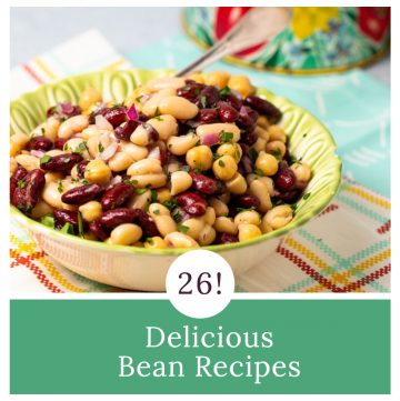 Bowl of bean salad with text overlay.