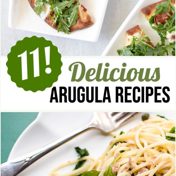 Two arugula photos with text overlay.
