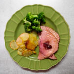 Plate with ham, potatoes and broccoli.