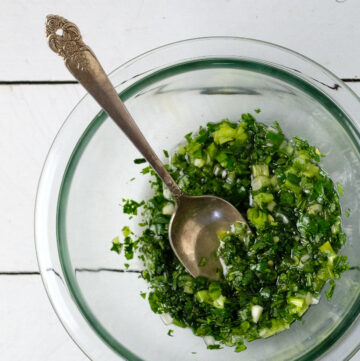 Bowl of cilantro salsa.