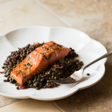 Salmon over a bed of lentils.