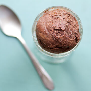Close up of chocolate coconut sorbet with a spoon.