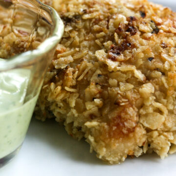 Close up of tortilla crusted chicken.