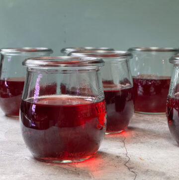 Small jars filled with deep red homemade jello.