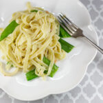 Close up of pasta with smoked trout.