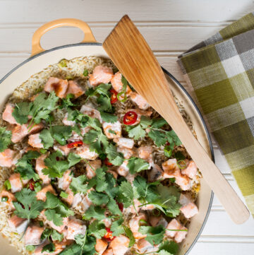 Close up of one pan salmon and rice pilaf.