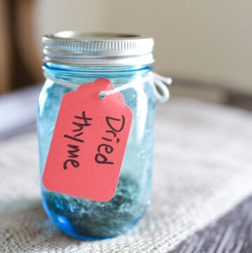 Blue jar with dried thym tag.